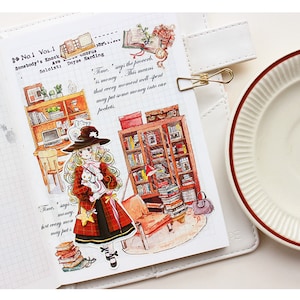 May include: A watercolor illustration of a girl wearing a red and black plaid dress and a witch's hat. She is holding a white cat and a star-shaped wand. The illustration is surrounded by images of bookshelves, books, and a chair. The text "Time, says the proverb, is money. This means that every moment well-spent may put some money into our pockets." is written in the top right corner of the image.