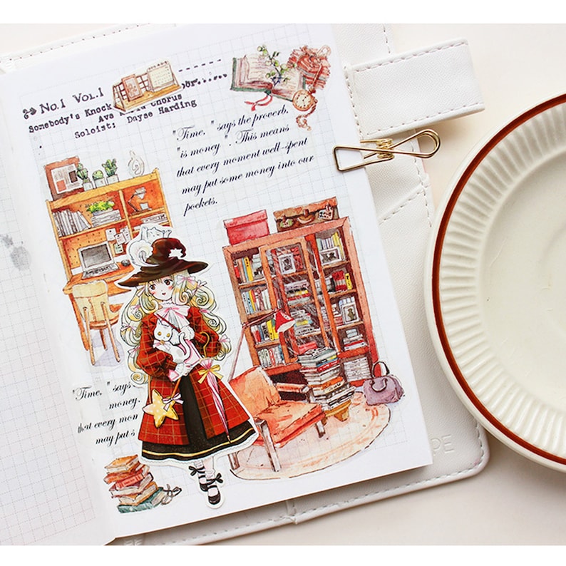 May include: A watercolor illustration of a girl wearing a red and black plaid dress and a witch's hat. She is holding a white cat and a star-shaped wand. The illustration is surrounded by images of bookshelves, books, and a chair. The text "Time, says the proverb, is money. This means that every moment well-spent may put some money into our pockets." is written in the top right corner of the image.