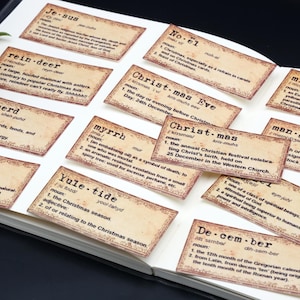 13 tarjetas con explicaciones navideñas de diccionario de palabras retro, troqueladas, para correo postal, efímeras Y06