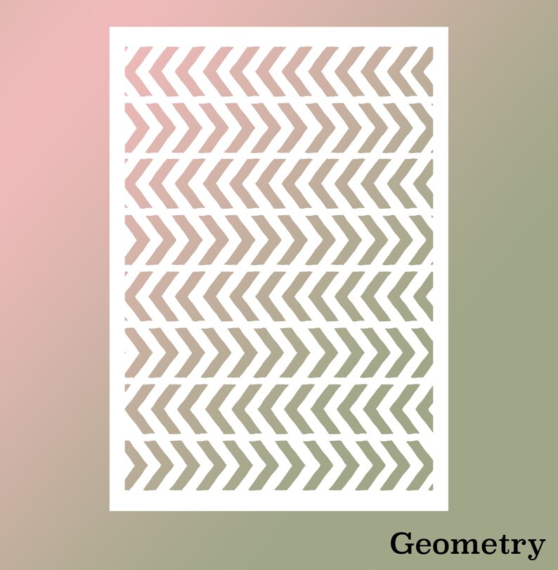 May include: White geometric pattern with a repeating chevron design. The pattern is set against a gradient background of pink and green.