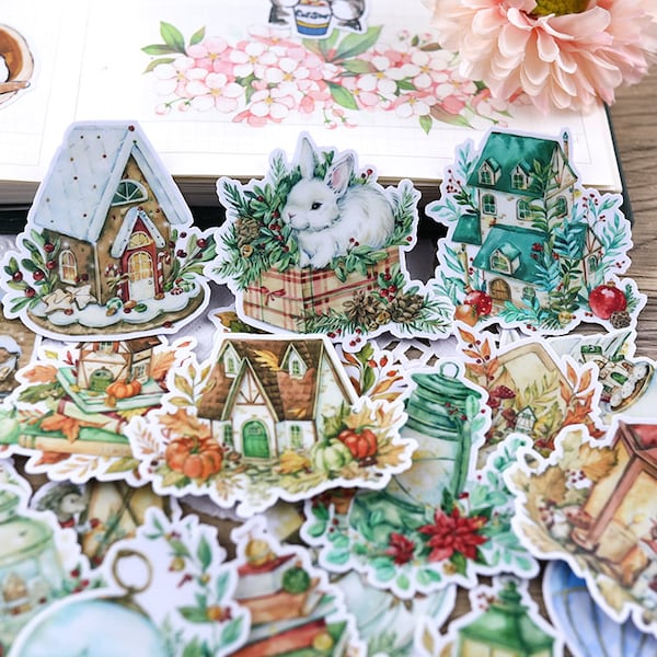 Winter cabin house stickers | Wonderland house Christmas holiday cabin stickers trees watercolor  Die Cut Stickers, Journal, ML05