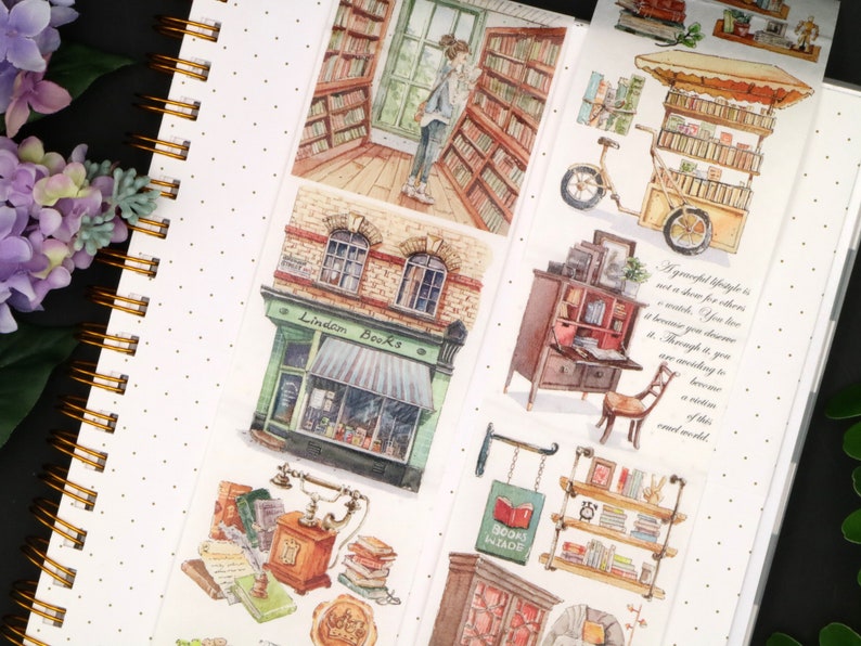May include: A collection of vintage-style book-themed stickers. The stickers feature illustrations of bookshops, book carts, and bookshelves. The stickers are printed on white paper with a watercolor effect. The stickers are perfect for adding a touch of whimsy to your planner, journal, or scrapbook.