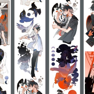 May include: A set of illustrated washi tapes featuring anime-style characters with dark hair and various poses. The artwork includes crows, moons, and abstract elements in shades of black, blue, orange, and white. The tapes are vertical and have a decorative theme.