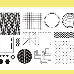 Pode incluir: Uma coleção de padrões e formas geométricas em preto e branco, incluindo designs de ondas, grade e pontilhados. Outras formas incluem círculos, quadrados, triângulos e um contorno de globo. Os padrões são dispostos em um fundo branco com uma borda amarela.