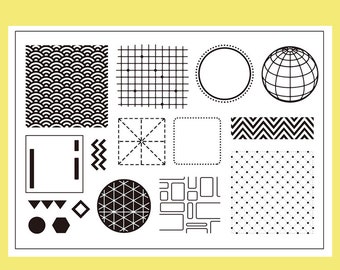 May include: A collection of black and white geometric patterns and shapes, including wave, grid, and dotted designs. Other shapes include circles, squares, triangles, and a globe outline. The patterns are arranged on a white background with a yellow border.