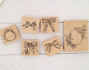 bow  wood rubber stamps | flower frame bow-knot flower wreath bow tie wood stamp m04