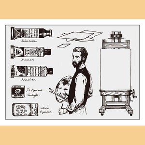 May include: A black and white illustration of an artist with a palette and paintbrushes, standing in front of an easel with a blank canvas. The image includes tubes of paint with the brand names Schmincke, Maimeri, and Sennelier.