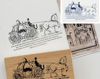 May include: A wooden stamp featuring a horse-drawn carriage with a driver and passenger. The stamp has a detailed illustration with text in French. Additional printed images of the carriage are also visible.