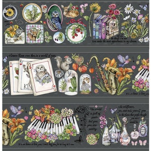 Op de afbeelding: Een digitale collage met een verscheidenheid aan grillige illustraties, waaronder bloemen, vogels, muziekinstrumenten, speelkaarten en een eekhoorn. De collage is geplaatst op een donkergrijze achtergrond en bevat de tekst "Flowers bloom even then, in a world of pain." en "You make the most appearances in my dream."