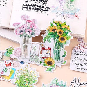 adesivos de flores | Adesivos decorativos temáticos de plantas de guirlanda de vaso floral, adesivos recortados, diário, ML05