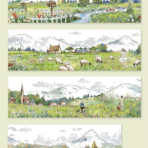 May include: A watercolor illustration of four different scenes featuring a rural landscape with mountains, a church, a windmill, and a small house. The scenes are all set in a green field with flowers and trees.