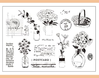 clear Stamp Set / Clear Stamps / flower bottle vase basket floral flower receipt postcard Eucalyptus plant  themed Transparent Stamp S34