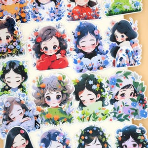 Cute Girl stickers | kawaii girls cartoon little girl floral themed Stickers, Die Cut Stickers, ML05