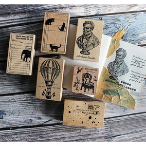 tampons en bois vintage-violon, chiens chats Baker Street, Abraham Lincoln, gribouillage aléatoire, éléphant m04 sale09