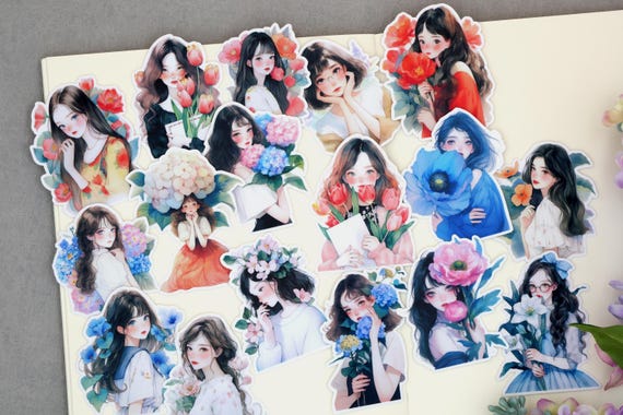 Floral Girl Stickers | Modern Girls Holding Flowers Flower Fashion