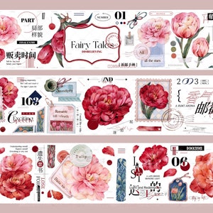 Cinta adhesiva para mascotas con diseño de collage de palabras y flores, con diseño de tulipán, letras florales, patrón de frase, rollo completo M04