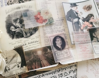 Könnte beinhalten: Eine Collage aus Vintage-Ephemera mit Bildern von Menschen, Blumen und Text. Die Bilder sind auf durchscheinendem Papier gedruckt und haben einen verblassten, antiken Look. Der Text enthält die Wörter "Lily of the Valley", "Charles Kinkel", "Downs Arrow Collar" und "Knowledge".