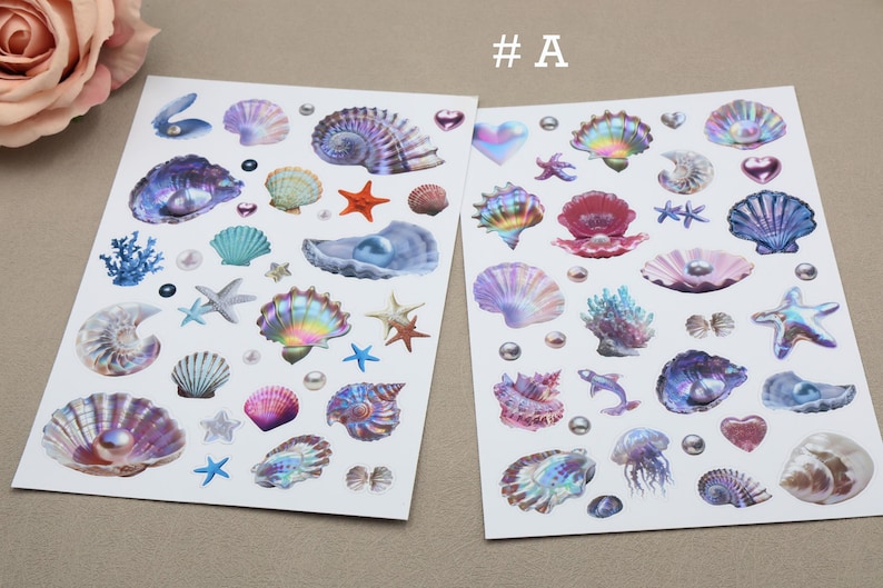 Clam Shell Sticker Clam Shell With Pearl Themed Paper Sheet Sticker | Seashell Pearl Star ...