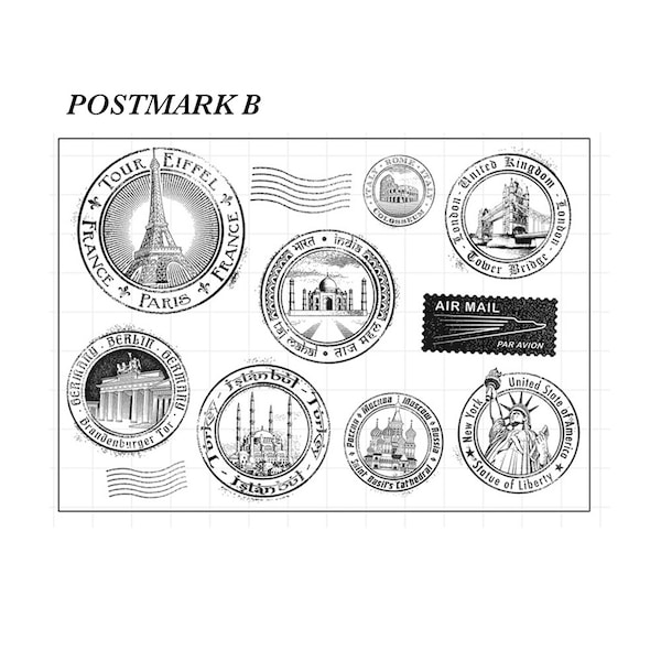 clear Stamp Set / Clear Stamps /postmark airmail Travel Landmark Postal themed transparent stamps s03