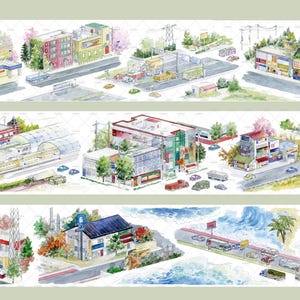 May include: A watercolor illustration featuring three horizontal bands of urban and coastal scenes. The artwork depicts various buildings, roads with vehicles, a train station with tracks, and a coastal highway lined with palm trees and blue waves.