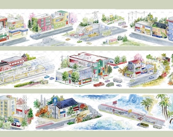Washi tape & PET-tape met stedelijk thema | scènes van een klein stadje, uitzicht, bomen, meer, weide, natuur, thema tape M04 WT-16
