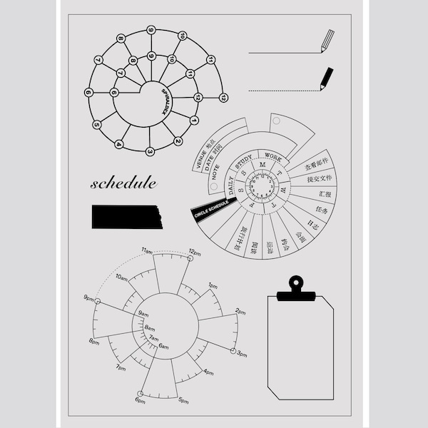 Juego de sellos transparentes / Sellos transparentes / Gráfico circular de tiempo Gestión del tiempo Planificación funcional / Rastreador diario de viñetas Tema diario m04 s37
