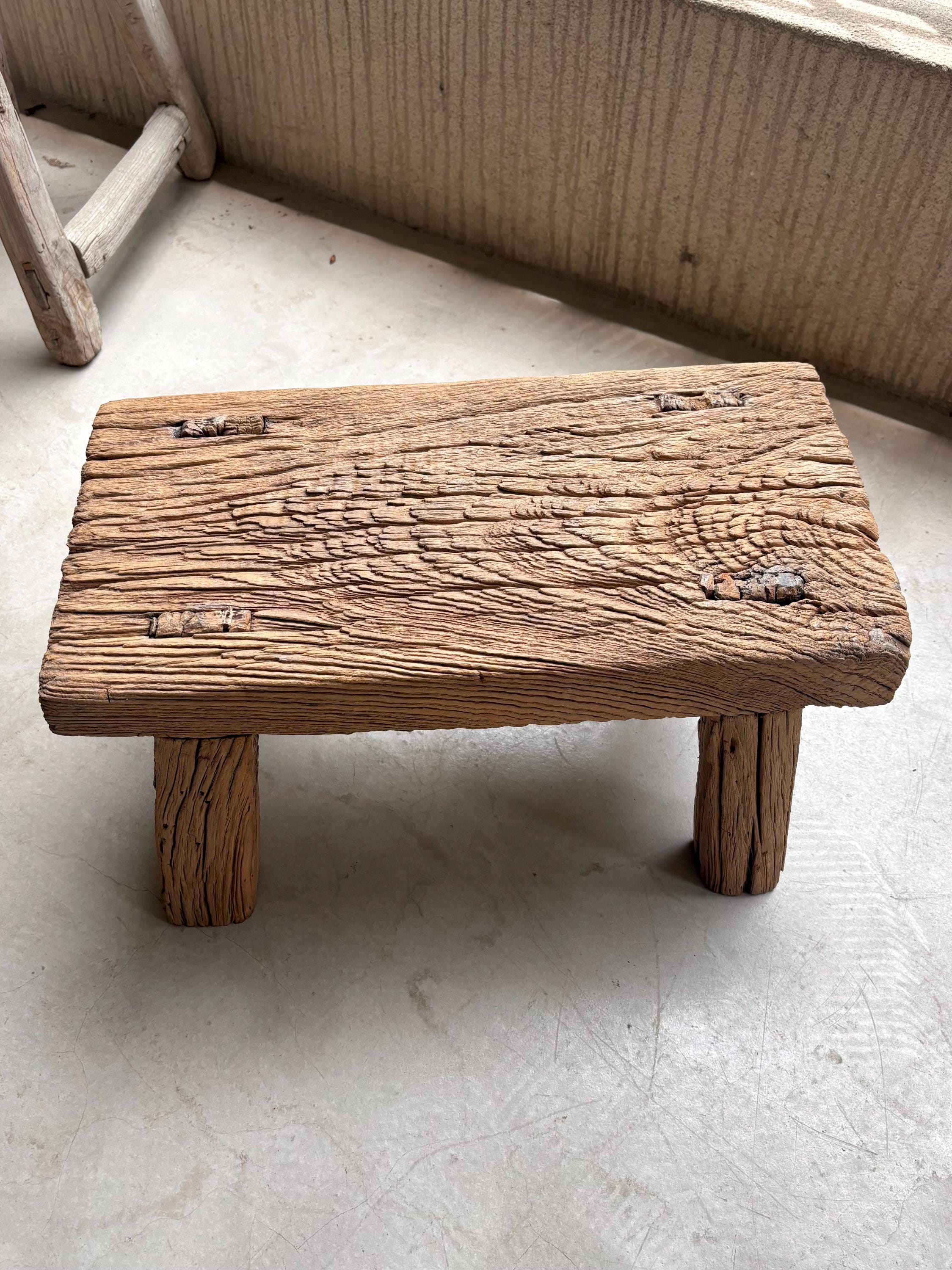 Antique Low Elm Bench ,29” Low  Chinese Bench with beautiful weathered wood look, Rustic Decor，Old Wood