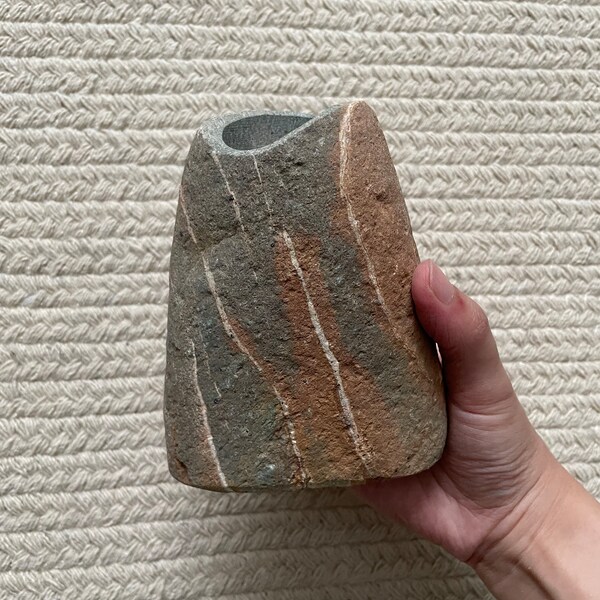 Mini Natural Taishan Stone vase ,0.95kg Handmade stone art work， Natural rock ，decorative stones ，Raw Stone, Stone Home Decor