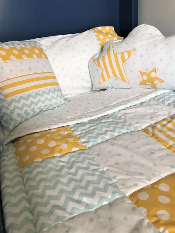 Big 7 Piece Bedding Set Mint Green Yellow Patchwork Baby Shower Gift Cot Crib Chevron Quilt Image 0