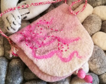 Handmade Wet Felted Pink Shoulder Purse Bag with Embroidery for Girls