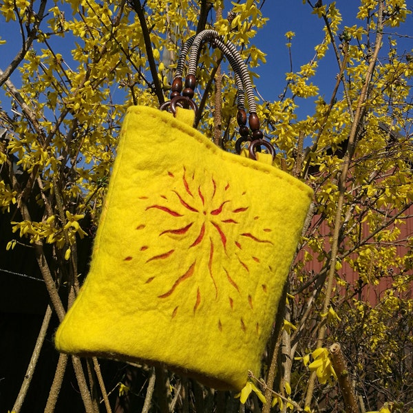 Yellow Wetfelted Shoulder Bag Felted Handbag