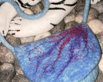 Handmade Wet Felted Light Blue Purple Shoulder Purse Bag with Embroidery