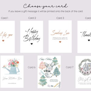 May include: A collection of seven greeting cards labeled Card 1 through Card 7. Designs include text like Just for you, Happy Birthday, Sending Love, Thank you, Happy Mother's Day, Happy Holidays, and Merry Christmas with floral, fox, and house motifs.