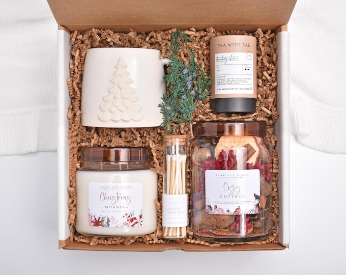 Holiday Gift Box For Women, Christmas Gift Basket, Winter Potpourri, Candle Gift Set, Tea, Comfort Care Package For Her, Thank You, Get Well