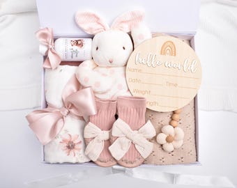 Newborn Baby Girl Gift Box, New Baby Gift Basket, Baby Shower Gift Box, Welcome Baby Girl, Congratulations Mama, Knit Baby Blanket
