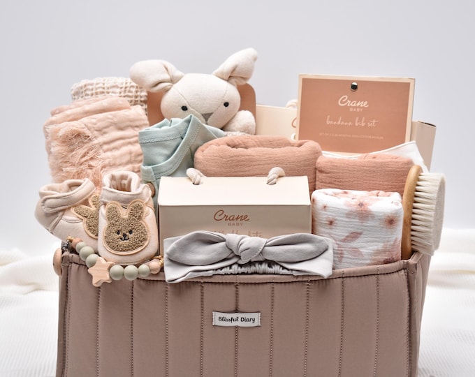 Deluxe Newborn Baby Girl Gift Basket, Baby Shower Gift Box, New Mom And Baby, Congratulations Mama, Organic Baby Blanket