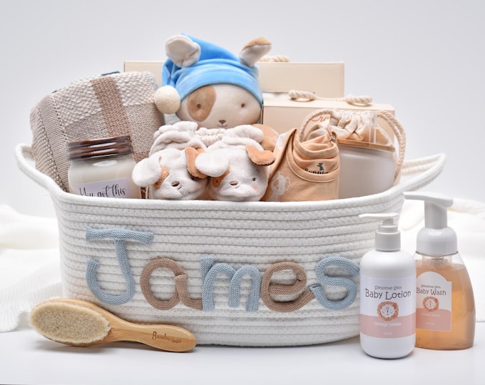 Newborn Baby Boy Gift Box, Farm Puppy Themed Gift Set, Personalized Name Gift Basket, Baby Shower Gift Box, Large Bath Gift Set