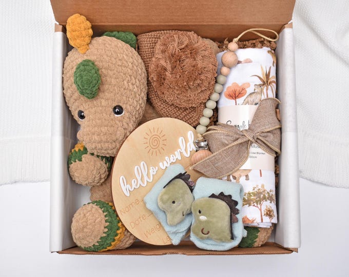 Newborn Baby Boy Gift Box, Crocheted Dinosaur Gift Set, Baby Gift Basket, Baby Shower Gift Box, Gender Neutral