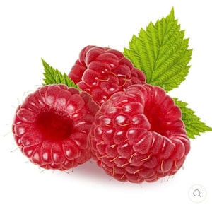 May include: Three ripe red raspberries with green leaves. The raspberries are plump and juicy, with a glossy finish.