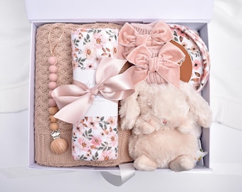 Newborn Baby Girl Gift Box, Baby Gift Basket, Bunny Gift Set, Baby Shower Gift Box, New Parents, New Mom And Baby Gift, Organic Baby Blanket