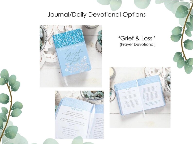Puede incluir: Un diario devocional azul claro titulado "Grief & Loss" con dise&ntilde;o floral y de volutas. El diario se muestra cerrado y abierto, revelando p&aacute;ginas rayadas y un marcador de cinta. El texto "Journal/Daily Devotional Options" est&aacute; en la parte superior.