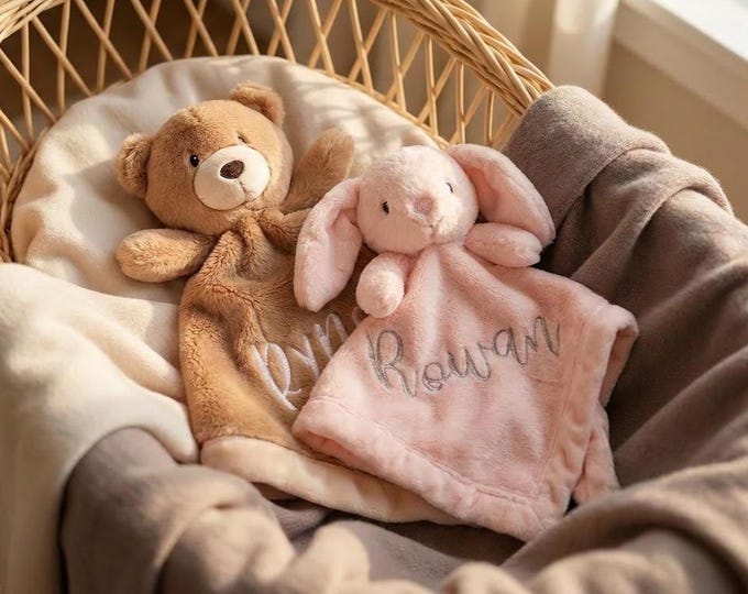 Personalized Embroidered Name Lovey, Security Blanket, Custom Lovey, Baby Bear, Pink Bunny, Newborn Baby Boy, Baby Girl Gift