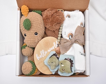 Newborn Baby Boy Gift Box, Crocheted Dinosaur Gift Set, Baby Gift Basket, Baby Shower Gift Box, Gender Neutral