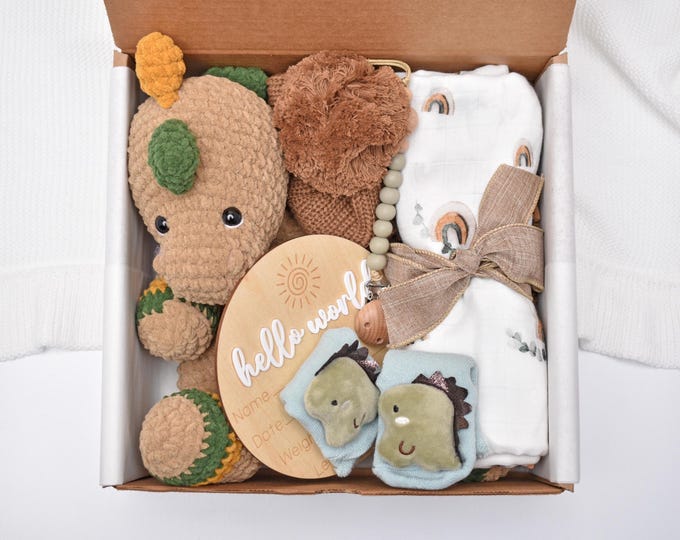 Newborn Baby Boy Gift Box, Crocheted Dinosaur Gift Set, Baby Gift Basket, Baby Shower Gift Box, Gender Neutral