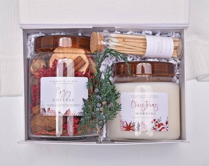 Candle Gift Set, Winter Potpourri, Holiday Gift Basket, Christmas Gift Box For Women, Comfort Care Package For Her, Thank You, Hug In A Box