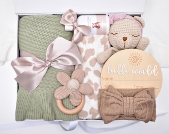 Newborn Baby Girl Gift Basket, New Baby Girl Gift Box, Congratulations Mama, Baby Shower Gift Box, Knit Blanket, Crocheted Bear Lovey