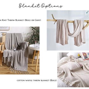 May include: A collection of cotton throw blankets including a knit version in beige or gray with fringe edges and a waffle-textured version in beige with ruffled edges. The blankets are displayed draped over a wooden chair, a branch, and a bed.