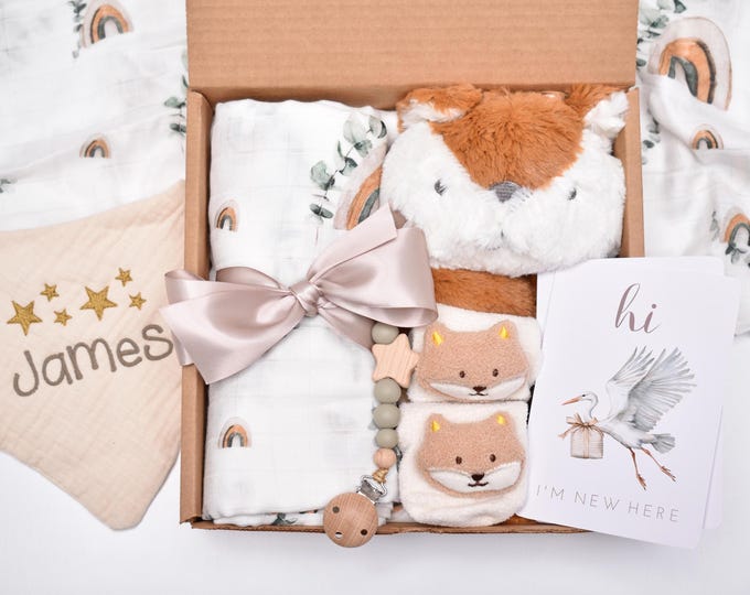 Newborn Baby Boy Gift Basket, Newborn Baby Girl Gift Box, Gender Neutral, Mother To Be, Organic Swaddle Blanket, Fox Lovey