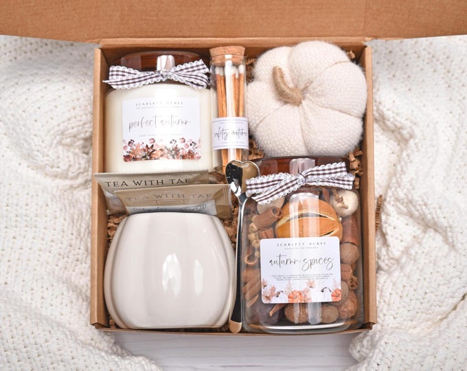 Cozy Fall Gift Box For Women, Pumpkin Spice Candle & Potpourri Set, Holiday Gift Basket, Birthday Gifts For Her