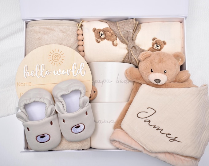 First Time Expecting Parents Gift Set, Newborn Baby Girl Gift Box, Baby Boy Gift Basket, Mama Papa Bear Mug, New Mom and Dad, Gender Neutral